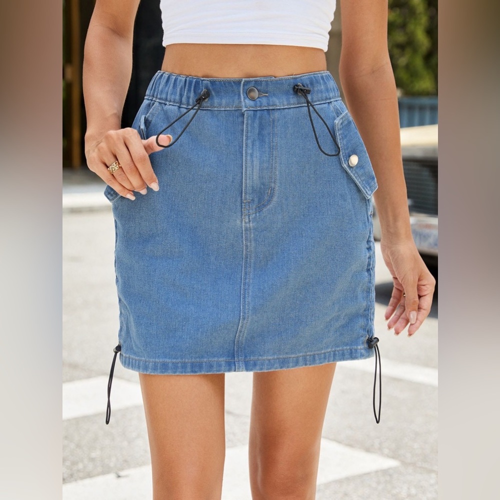 Drawstring Denim Skirt with Pockets 10010056451